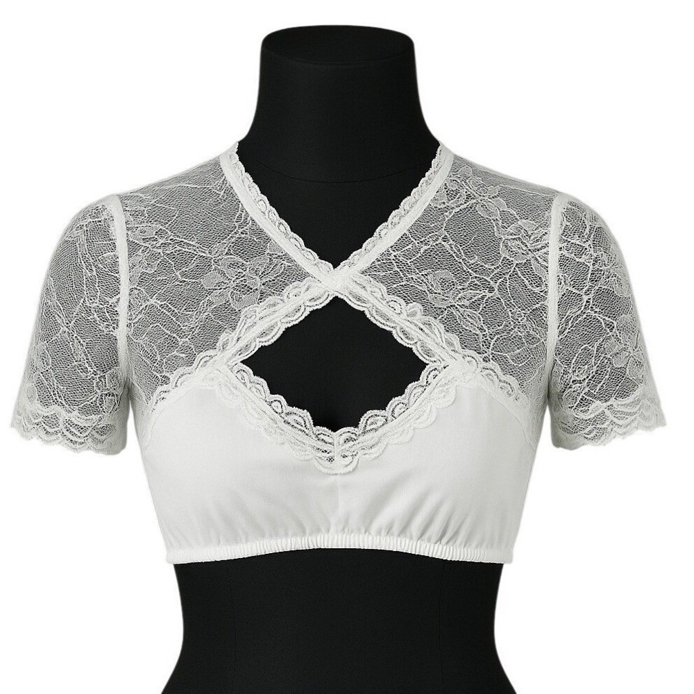 New Large White Lace Dirndl Blouse High Keyhole Neck‎ Vneck Top Oktoberfest